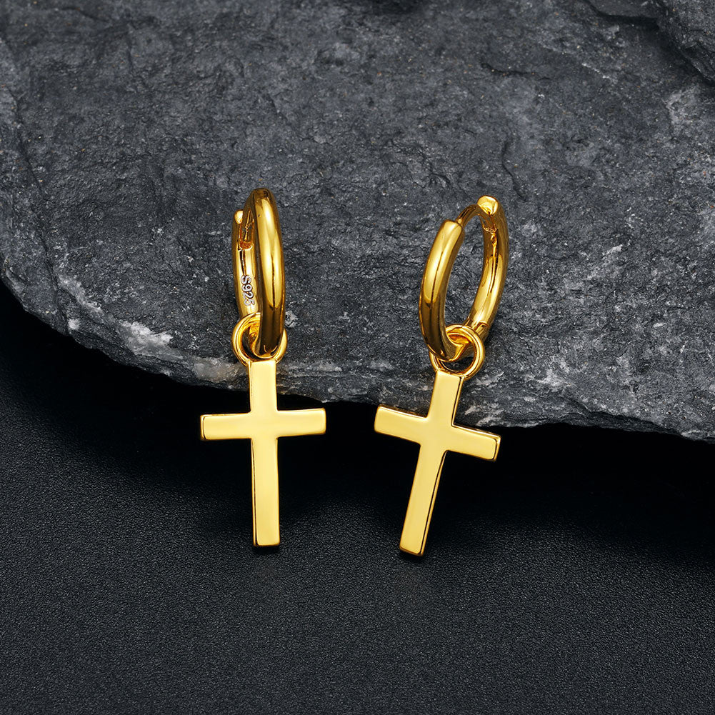 18k Gold Over Genuine Solid 925 Sterling Silver Huggie Hoop Cross Dangling Earrings