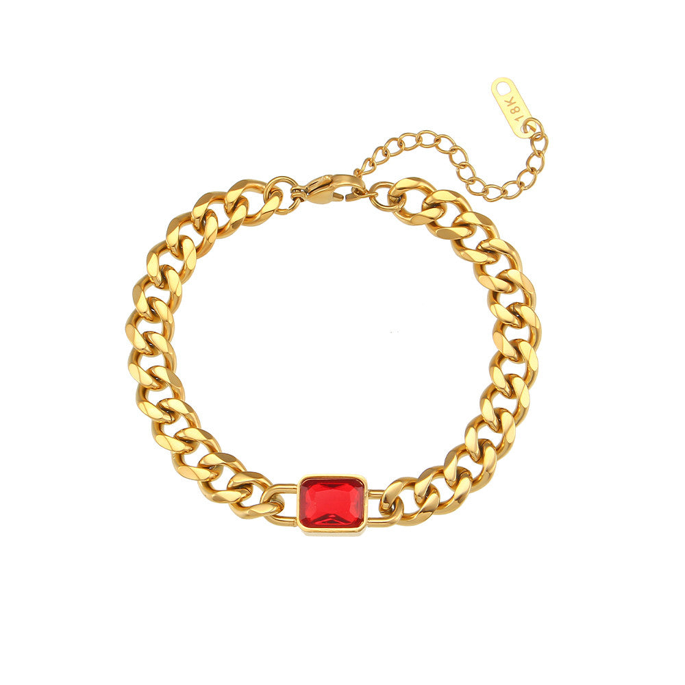 18k Gold Square Cubic Zirconia Black White Green Red Stone Hip Hop Cuban Chain Bracelet