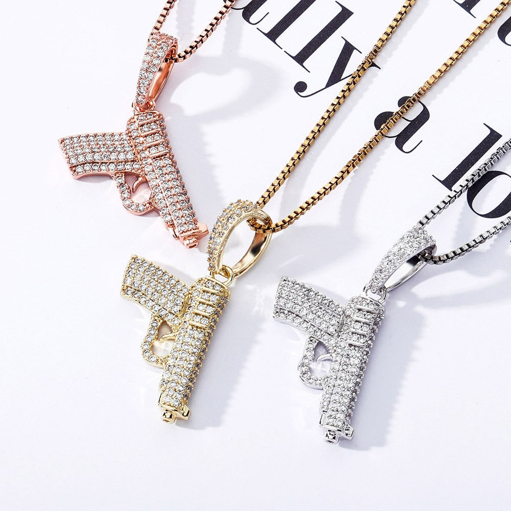 Ride or Die Hip Hop 925 Sterling Silver Rose Gold 14k Hip Hop Gun 380 Pistol Bling Pendant