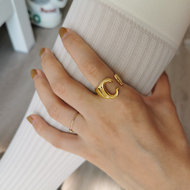Ladies 18k Gold Initial Letter Adjustable Open Size personality Rings