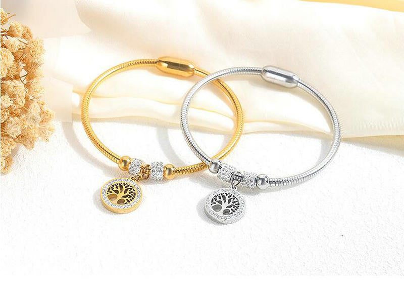Ladies Tree Of Life Mother Earth No Fade Stainless Steel Gold Silver Rose Bangle Bracelet
