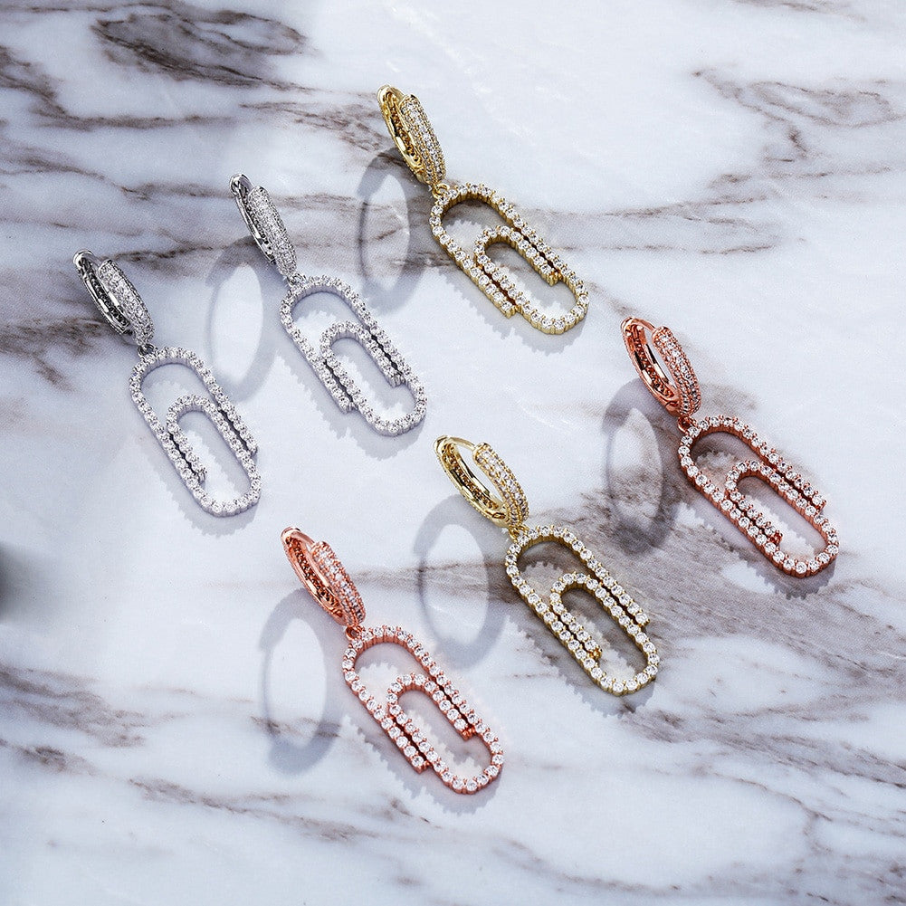 Ladies Flooded Ice Hoop Paperclip hip hop Fashion Bling Earrings