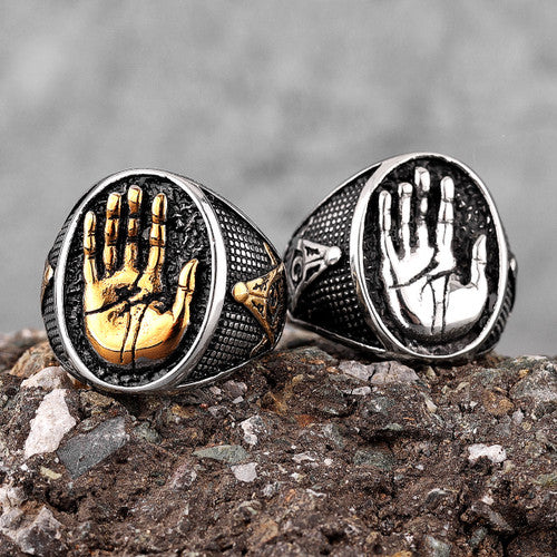 Buddha Palm Hand Sign 14k Gold Silver No Fade Stainless Steel Street Wear Rings