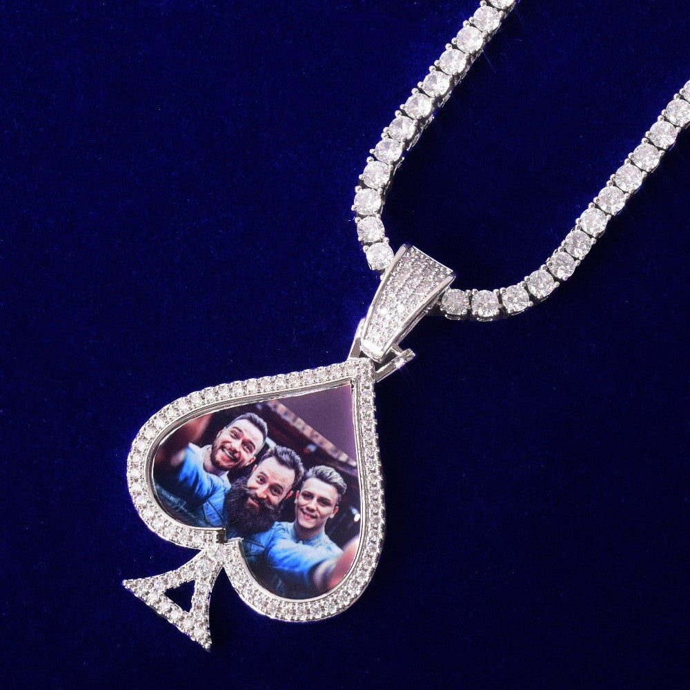 Custom Made AAA Micro Pave Photo Ace Of Spades Medallion Pendant Chain Necklace