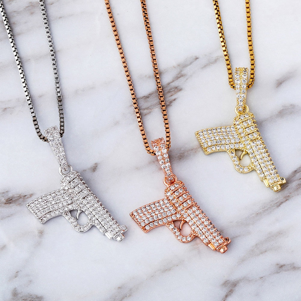 Ride or Die Hip Hop 925 Sterling Silver Rose Gold 14k Hip Hop Gun 380 Pistol Bling Pendant
