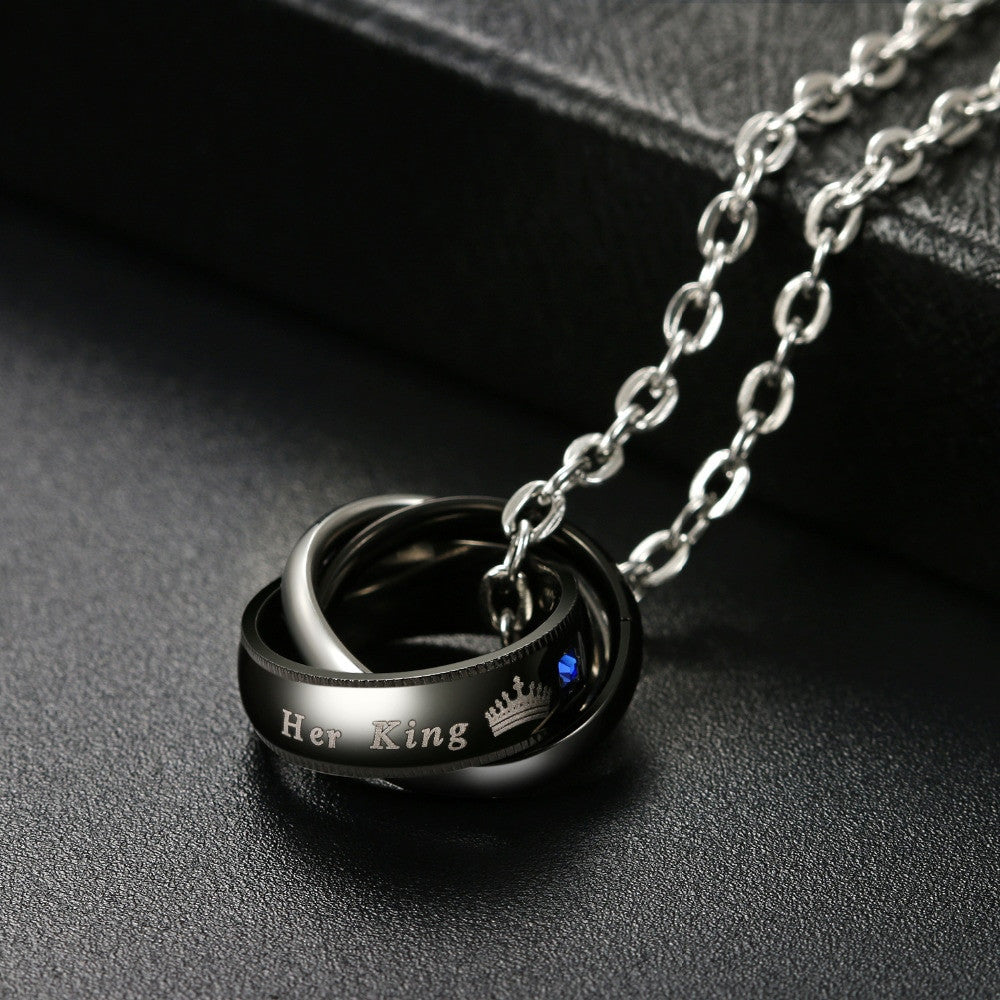 Couples Romantic Lovers Her King His Queen Triple Ring Bling Stainless Steel Chain Necklace