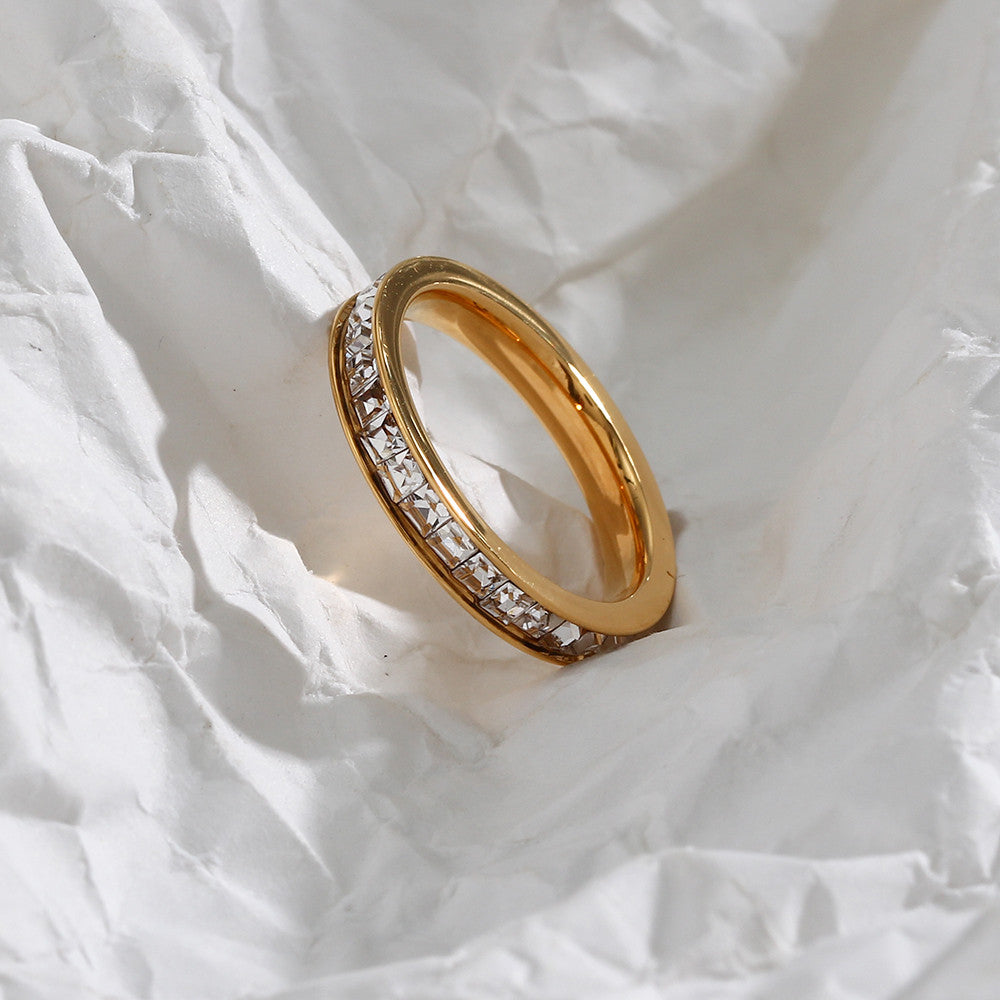 18k Gold 3A Clear CZ Paved Titanium Steel Waterproof Bling Bling Rings