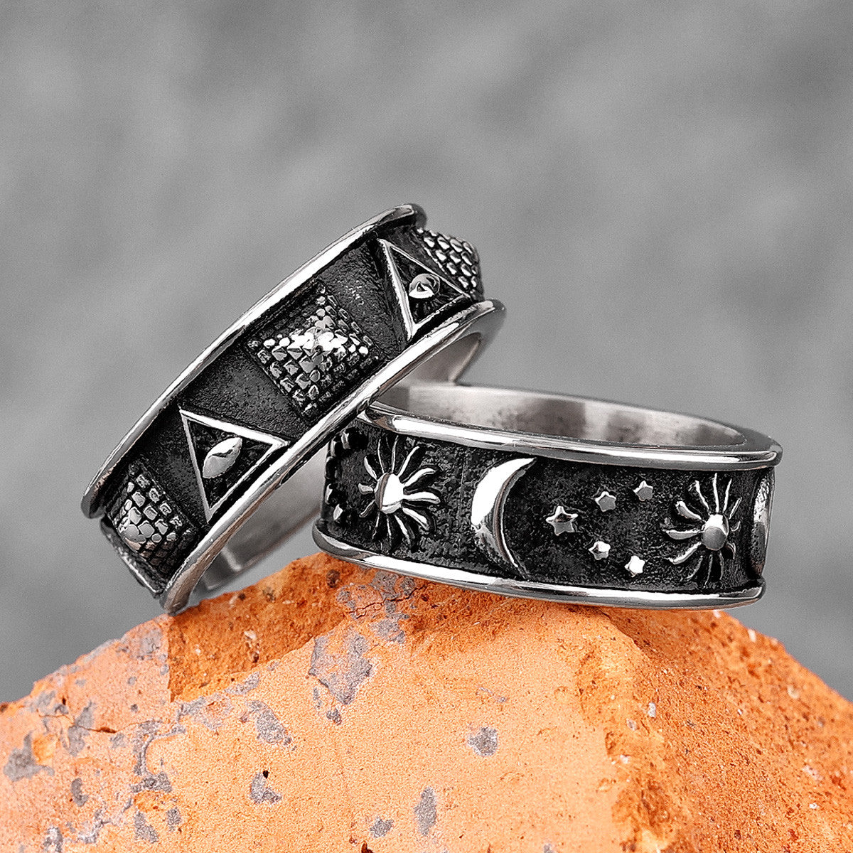The Universe | Solid No Fade Stainless Steel Pyramid Moon Sun Star Cosmic Rings