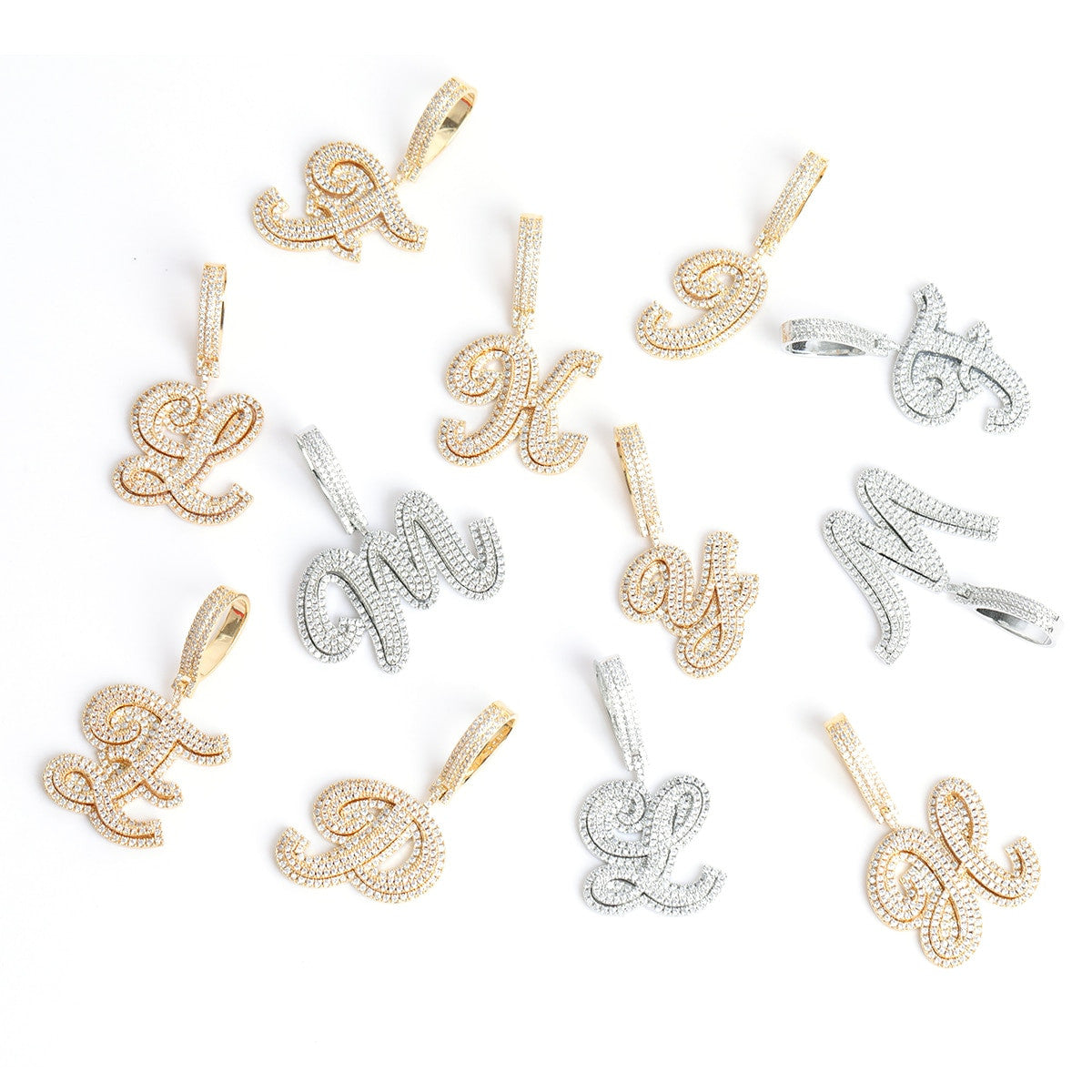 24k Yellow Gold 925 Silver 3A True Micro Pave Print Initial Letters Bling Pendants