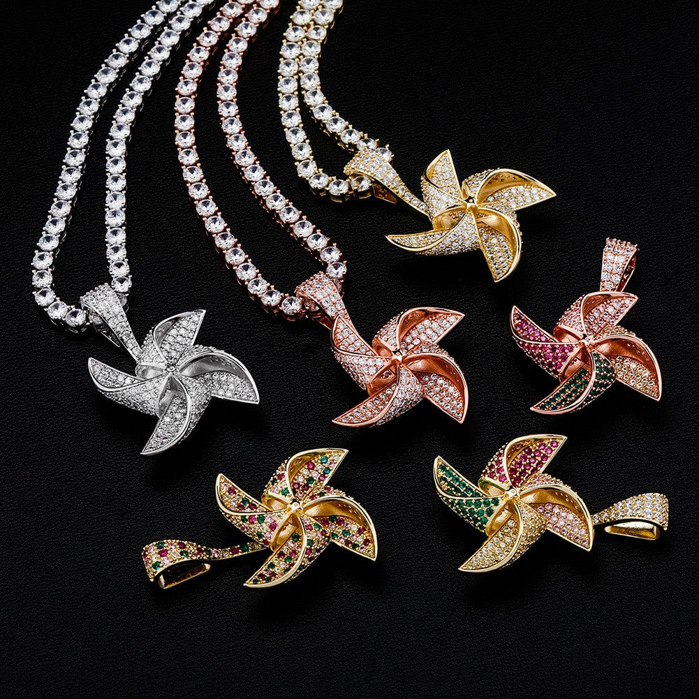 Flooded Ice 14k Gold Silver Rose Gold Rotatable Windmill Hip Hop Pendant Chain Necklace