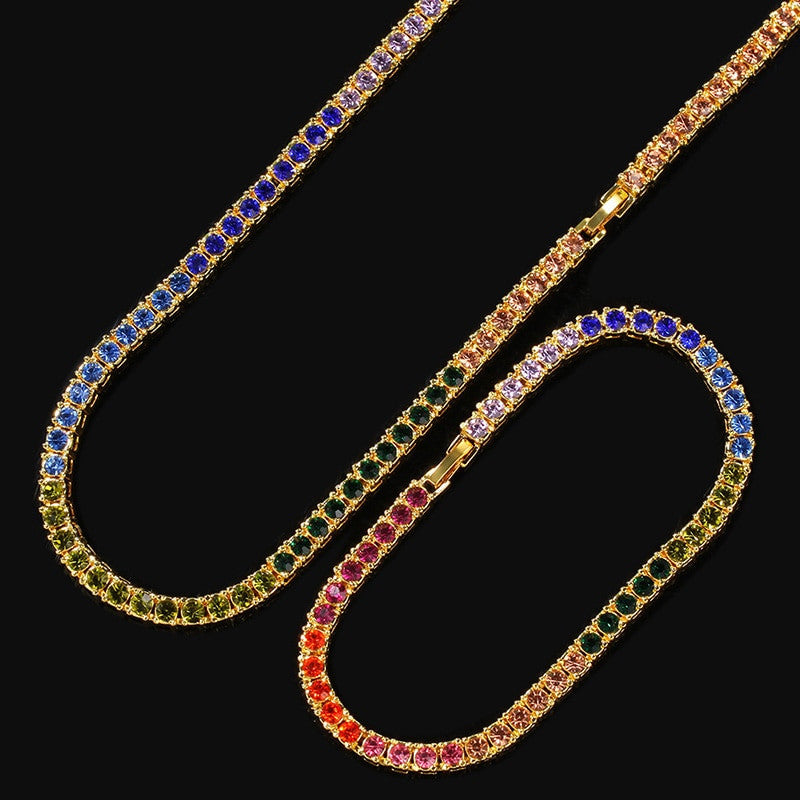4mm Hip Hop Colorful Handset Flooded Ice Tennis Chain Bracelet Set Combo
