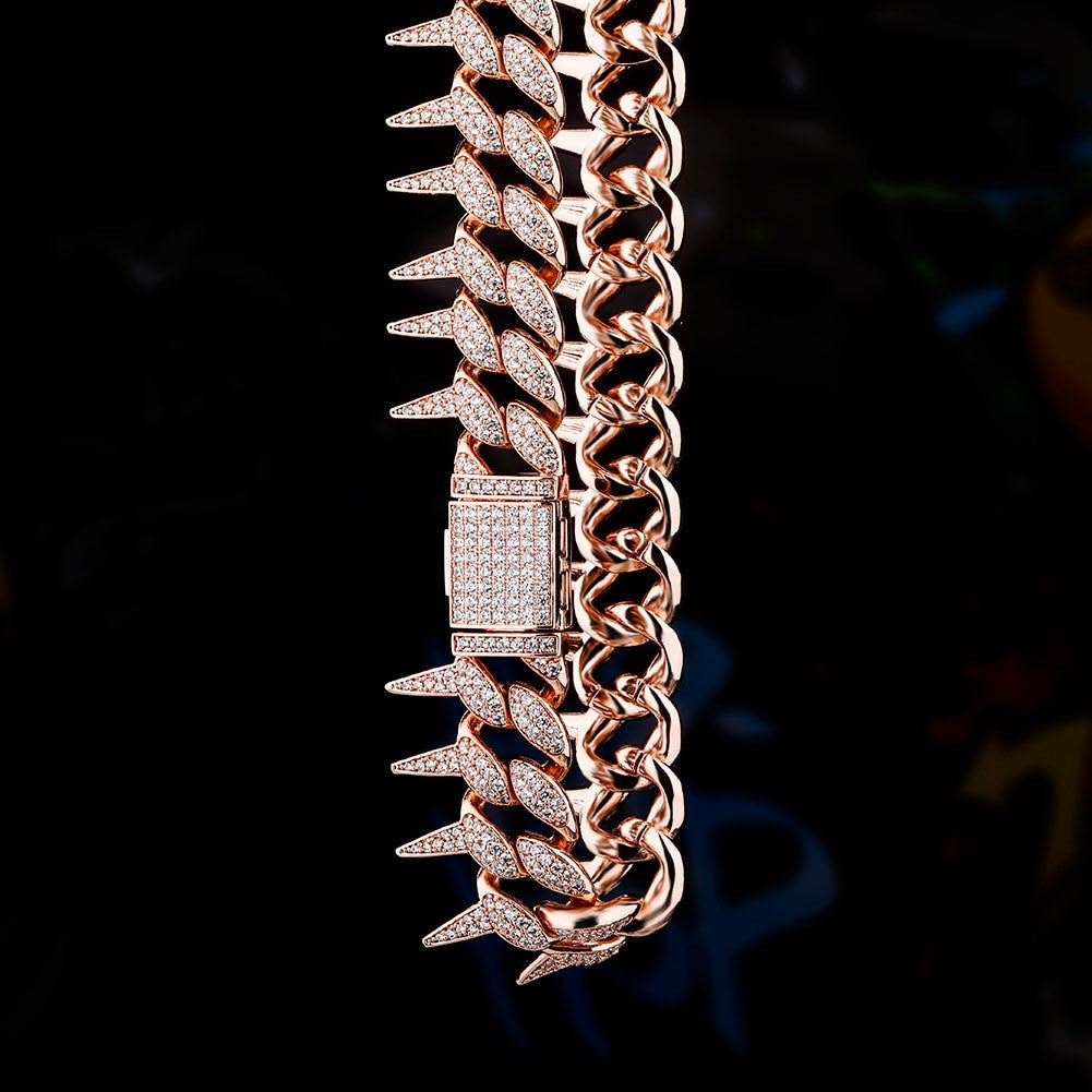 Crown Of Thorns 24k Rose Gold .925 Silver 25mm Box Buckle Hip Hop Cuban Link Chain Necklace