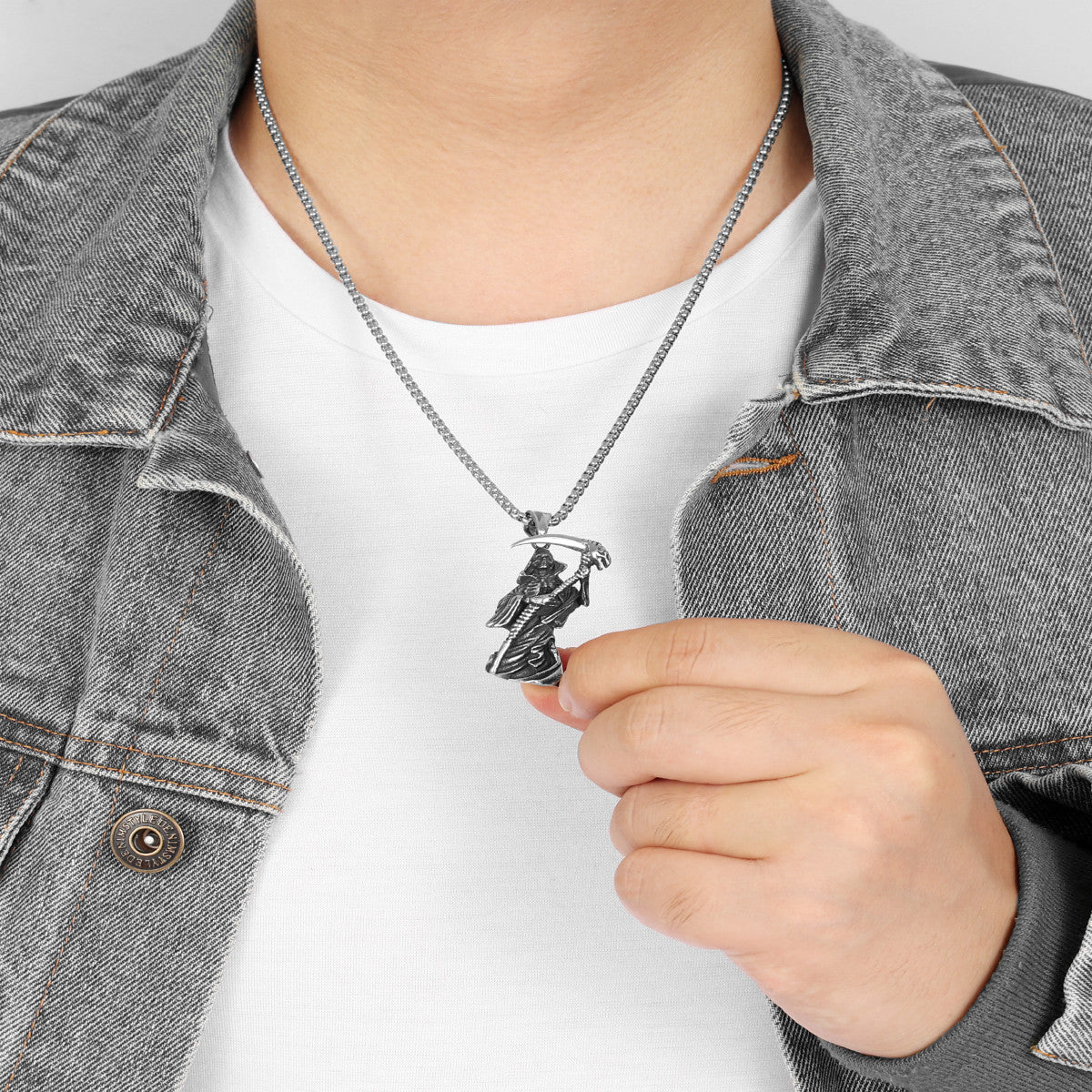Grim Reaper No Fade Silver Stainless Steel Scythe Pendant Chain Necklace