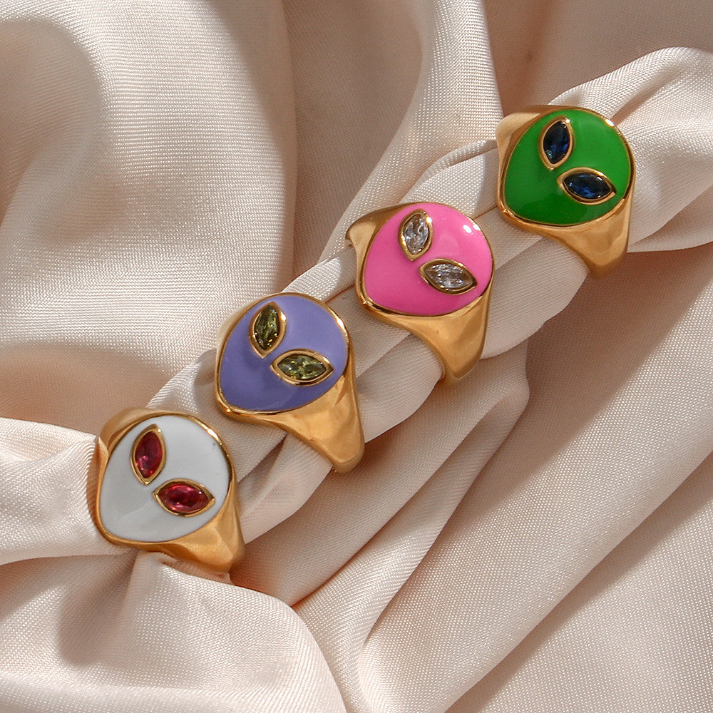 18k Gold Waterproof Tarnish Free Stainless Steel Colorful Pink Green CZ Stone Alien Rings