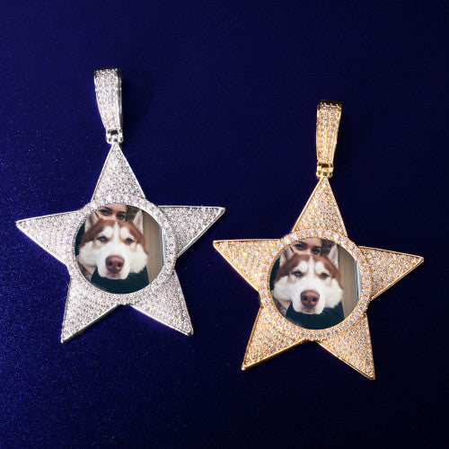 Superstar Pentagram 18k Rose Gold .925 Silver AAA Micro Pave Custom Photo Pendant Chain Necklace