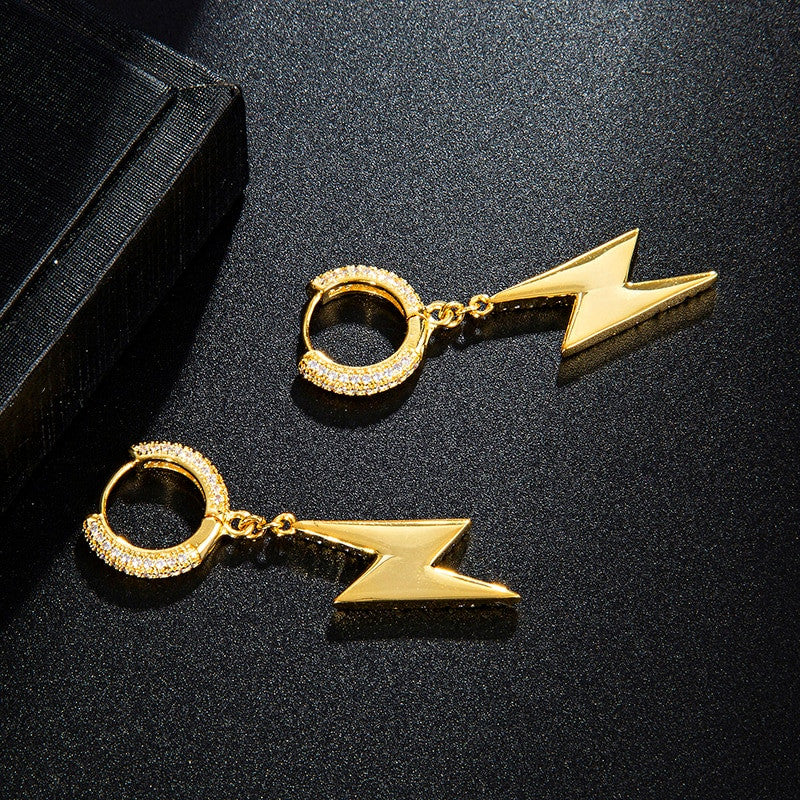 14k Gold 925 Silver Iced Thick Lightning Bolt Huggie Hip Hop Earrings