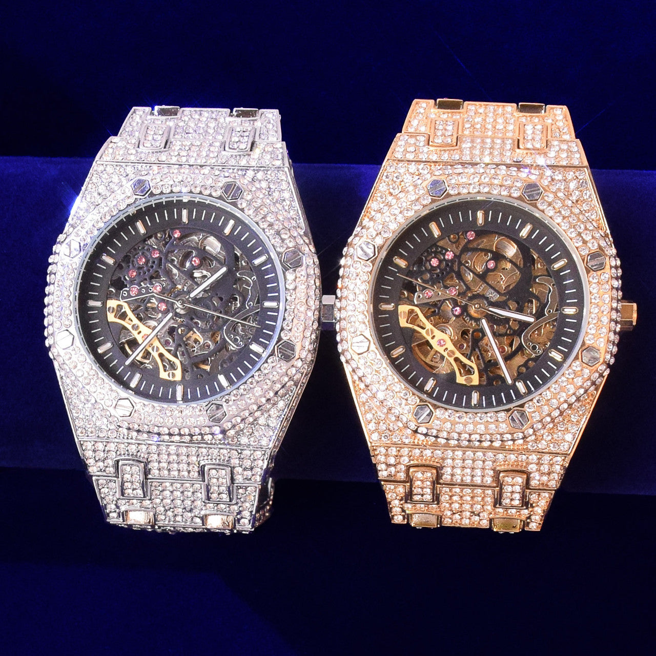 18k .925 Silver Rose Gold Men&#39;s Mechanical Dial Luxury Fully Iced Wrist Watch