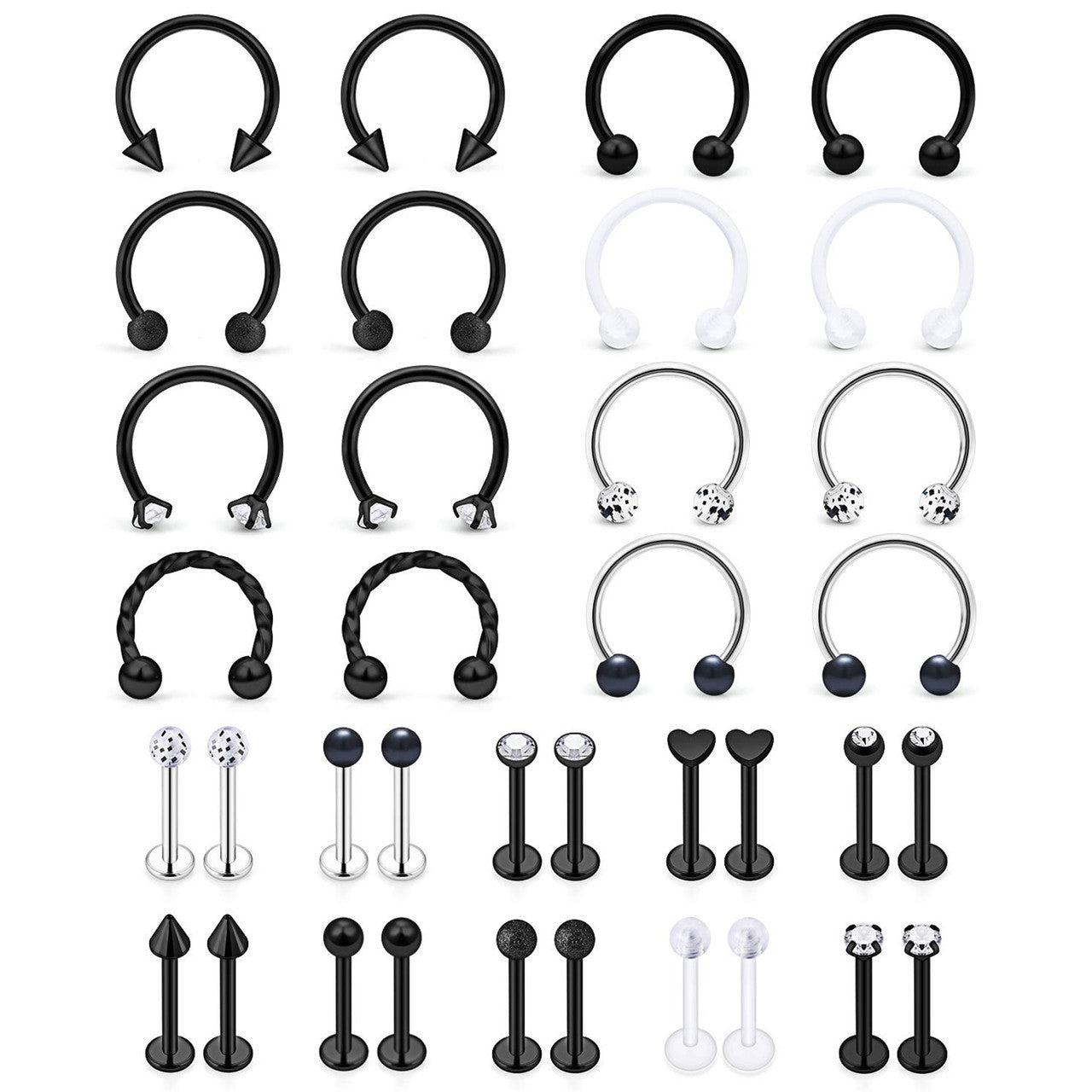 Mens Womens 36 Piece No Fade Stainless Steel Lip,Nose,Tragus Piercing Earrings Studs