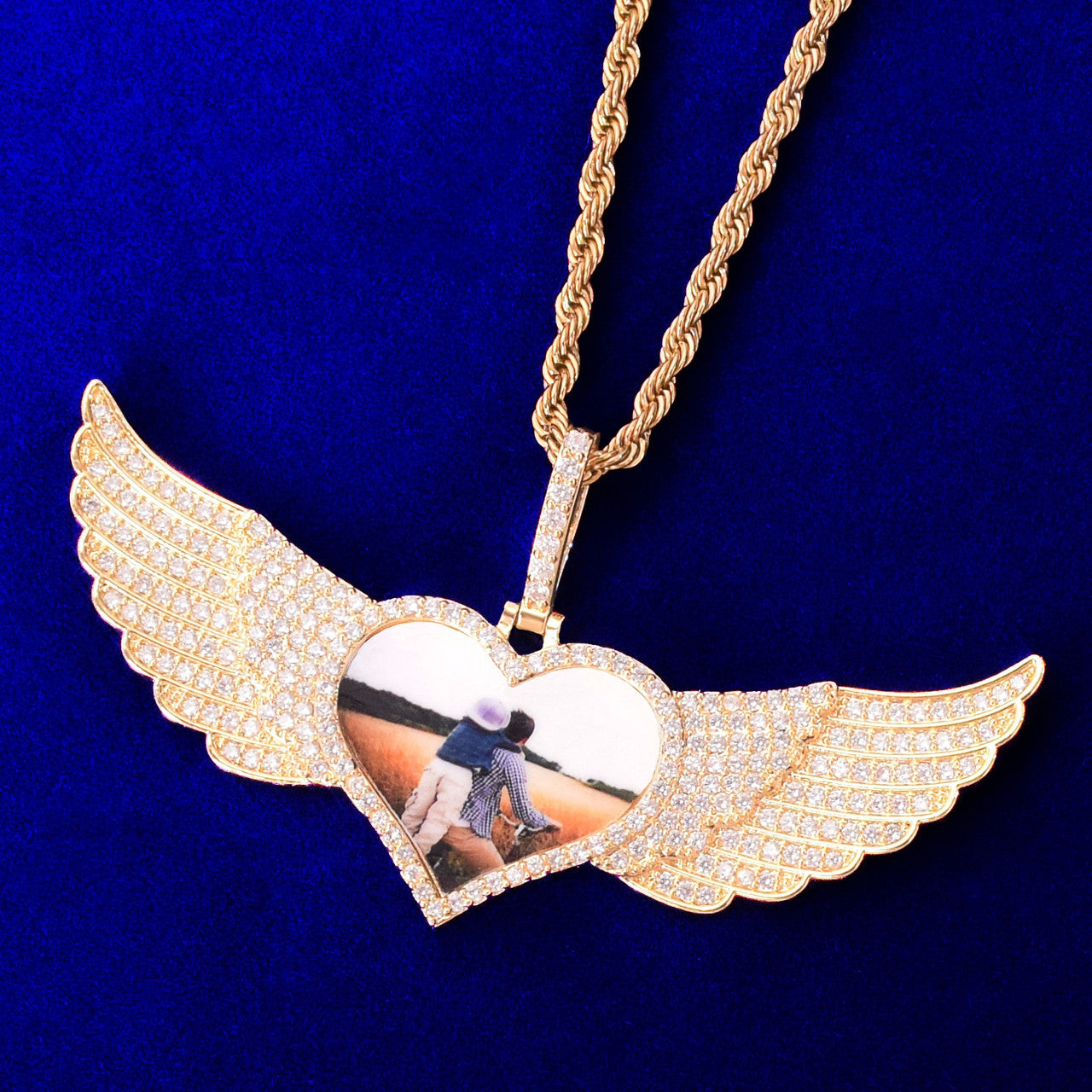 18k Gold 925 Silver Rose Gold Solid Back Wings Big Heart Custom Photo Pendant Chain Necklaces