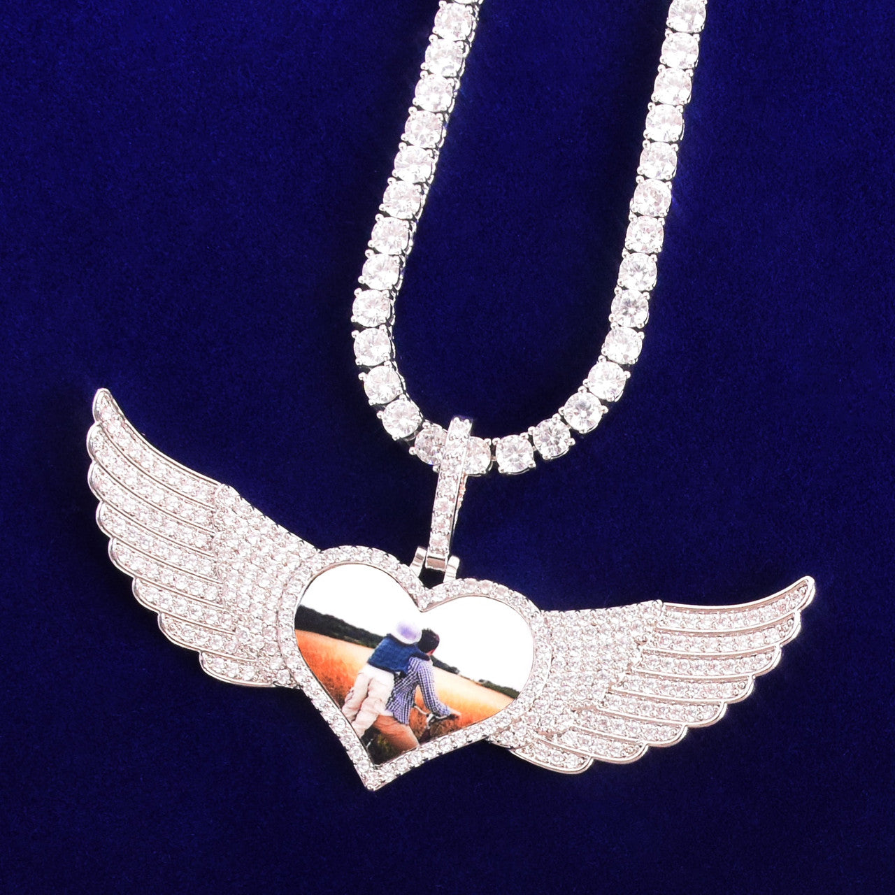 18k Gold 925 Silver Rose Gold Solid Back Wings Big Heart Custom Photo Pendant Chain Necklaces