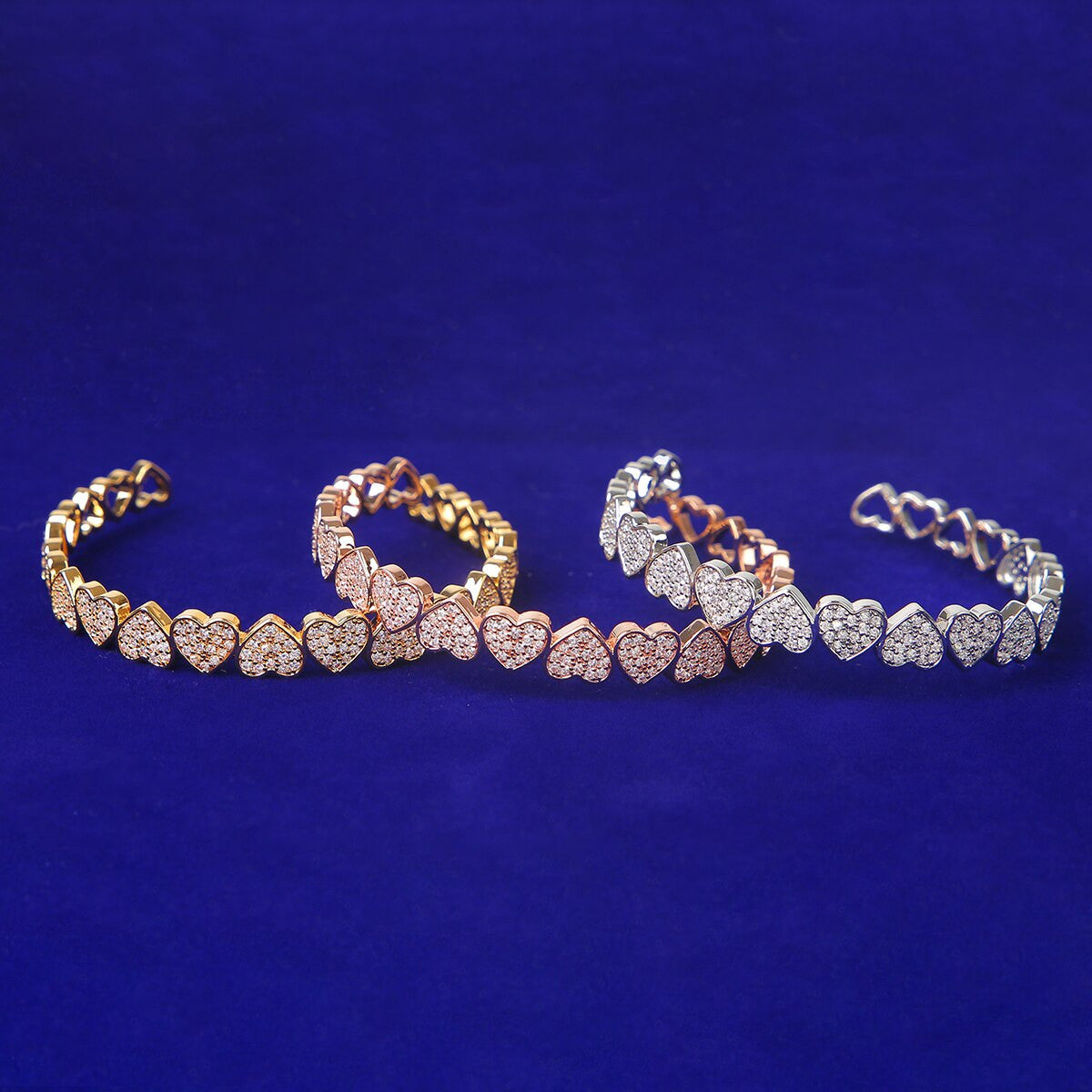 Ladies Adjustable Bling Platinum Rose Yellow Gold Bangle Flooded Ice Heart Bracelet