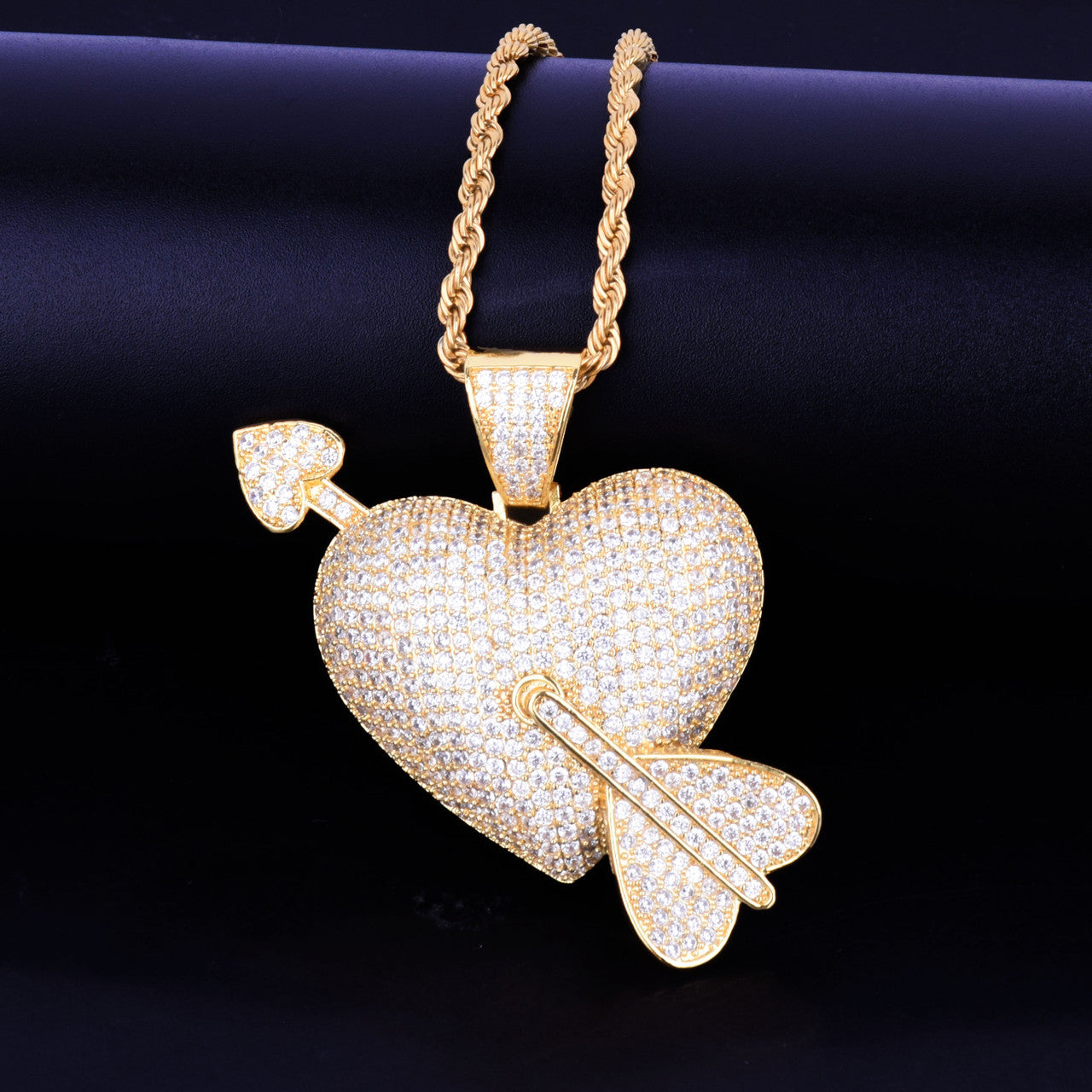 Rose Gold .925 Silver 18k Heart Arrow AAA Micro Pave Hip Hop Pendant Chain