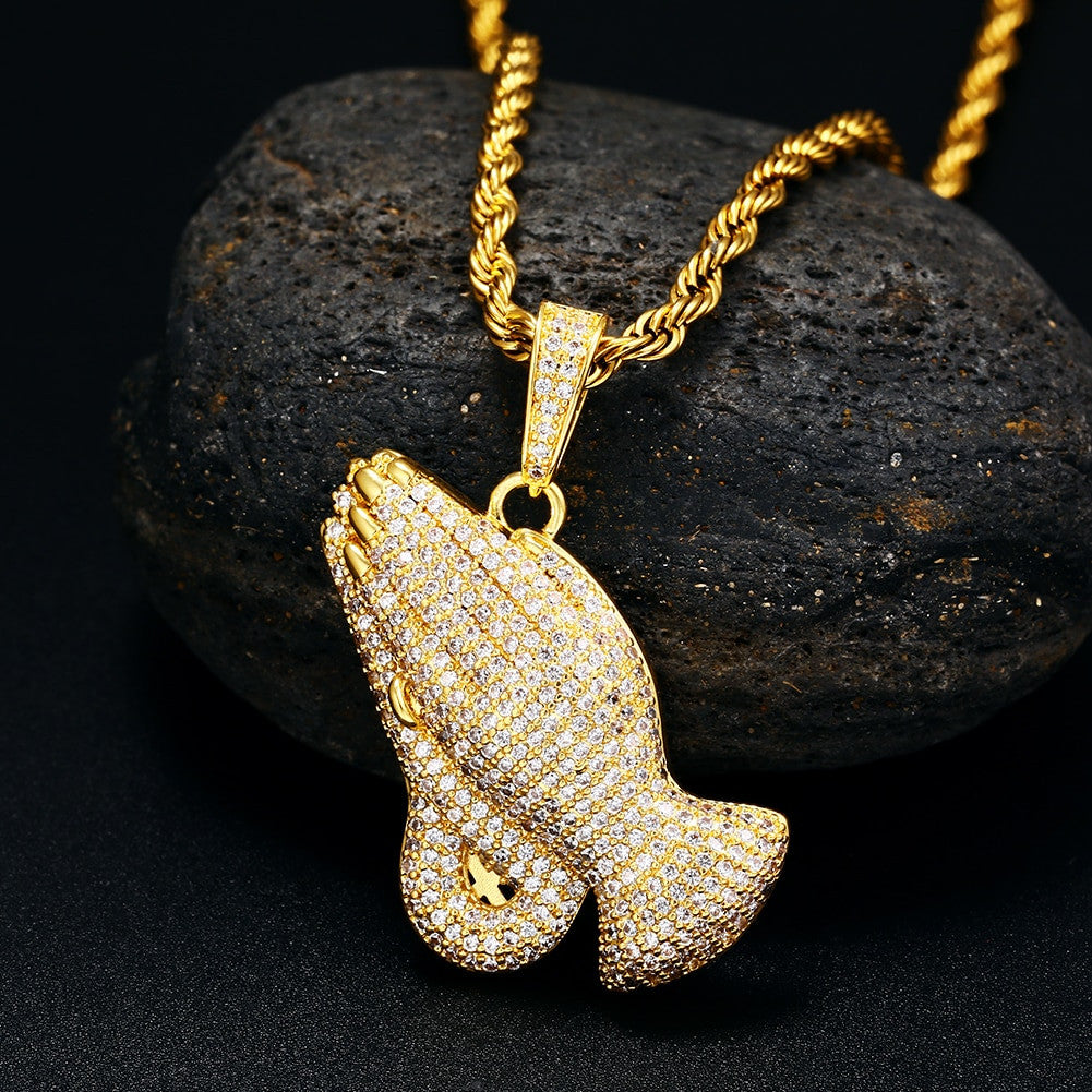 Mens Hip Hop 18k 925 Silver Rose Gold Jesus Hands Of Prayer Pendant Chain Necklace