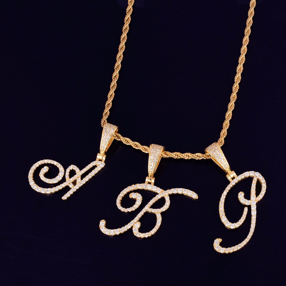 Cursive Letters Flooded Ice True Micro Pave Hip Hop Custom Letter Pendant Chain Necklace