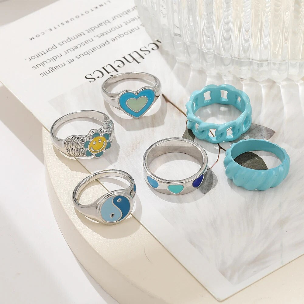 Ladies Blue Ocean Cuban Link Yin Yang Sunflower 6 Piece Ring Set