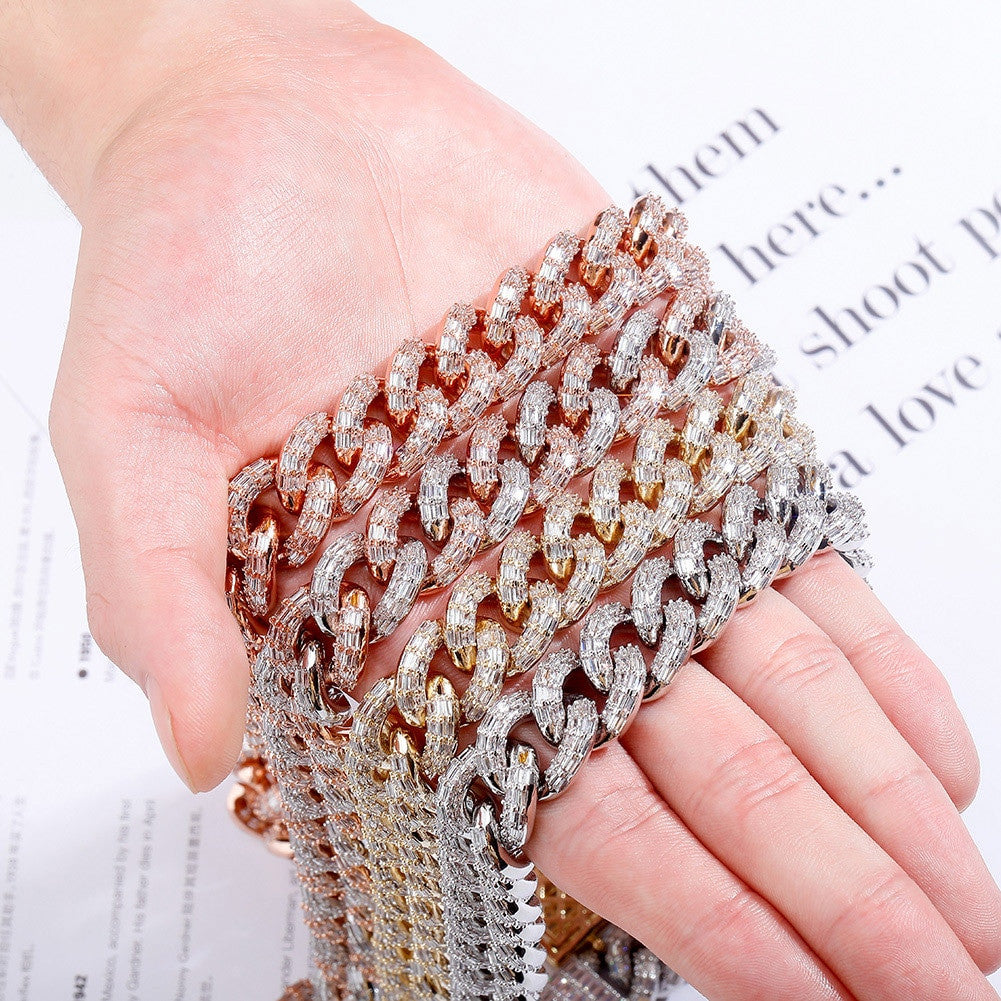 Hip Hop 16mm Miami Cuban Flooded Ice Baguette Micro Pave Set Chain Necklace