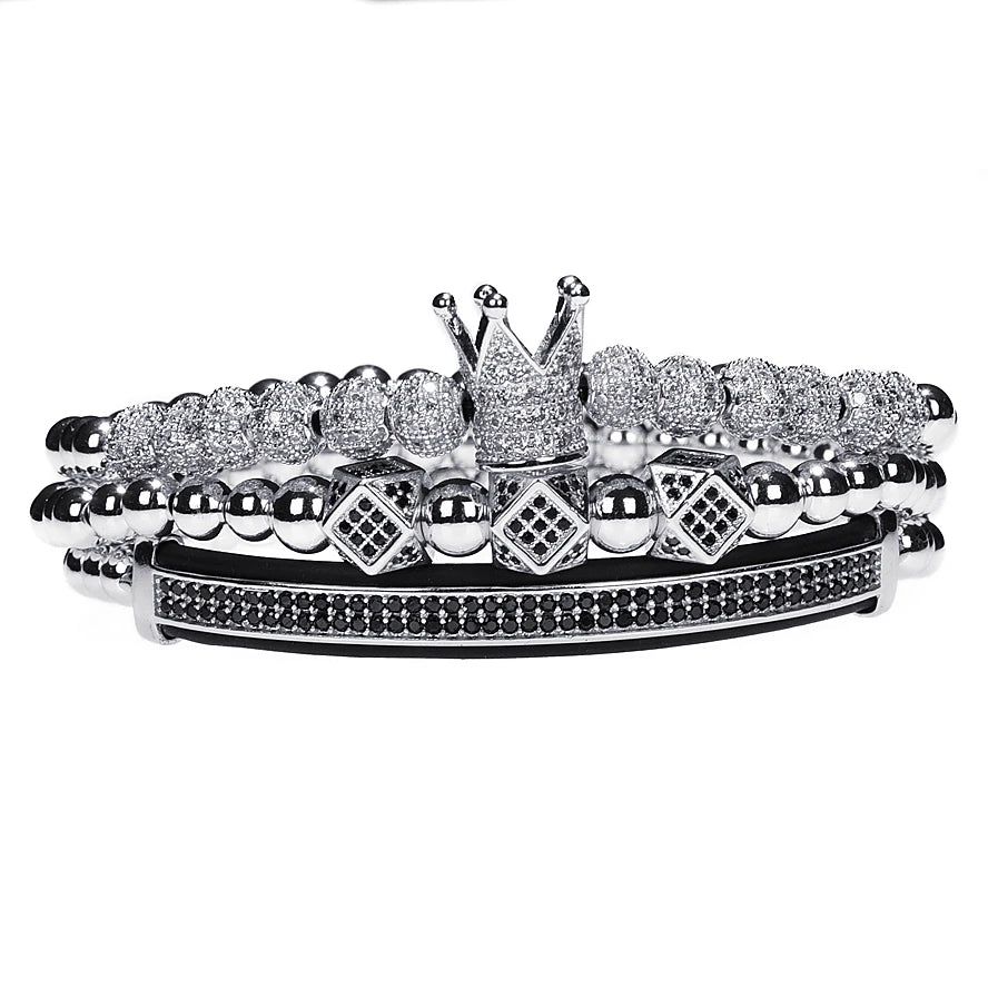 Mens High Fashion 18k Gold Over No Fade Stainless Steel Kings Crown Adjustable 3 Piece Bracelet Set