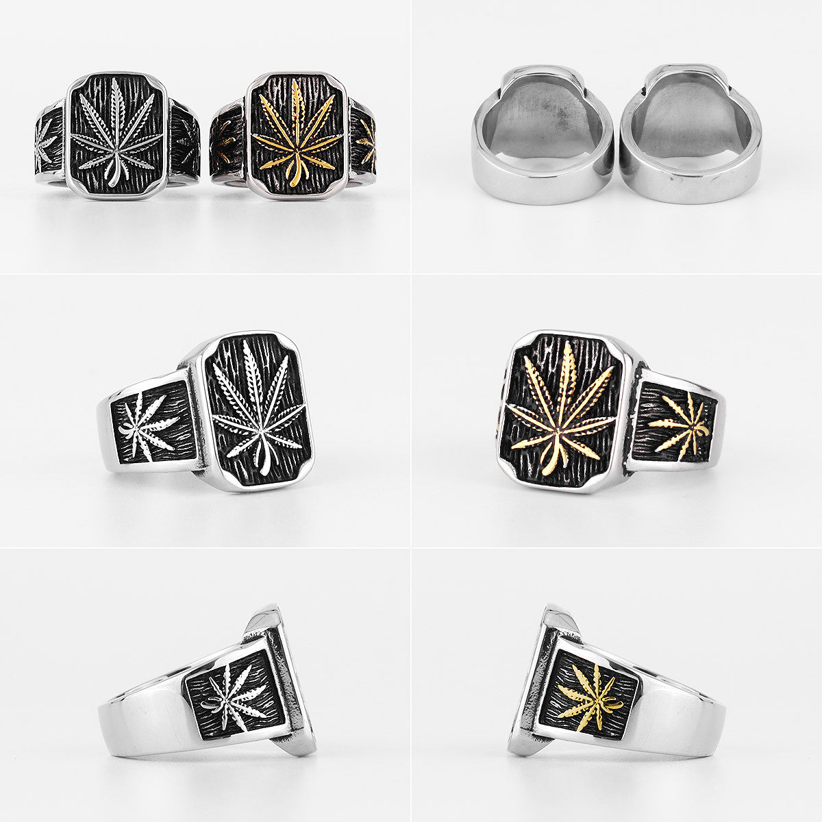 Mens 316L No Fade Stainless Steel Street Style Hemp Leaves Hip Hop Unique Rings
