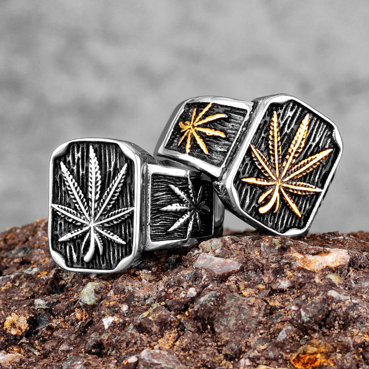Mens 316L No Fade Stainless Steel Street Style Hemp Leaves Hip Hop Unique Rings