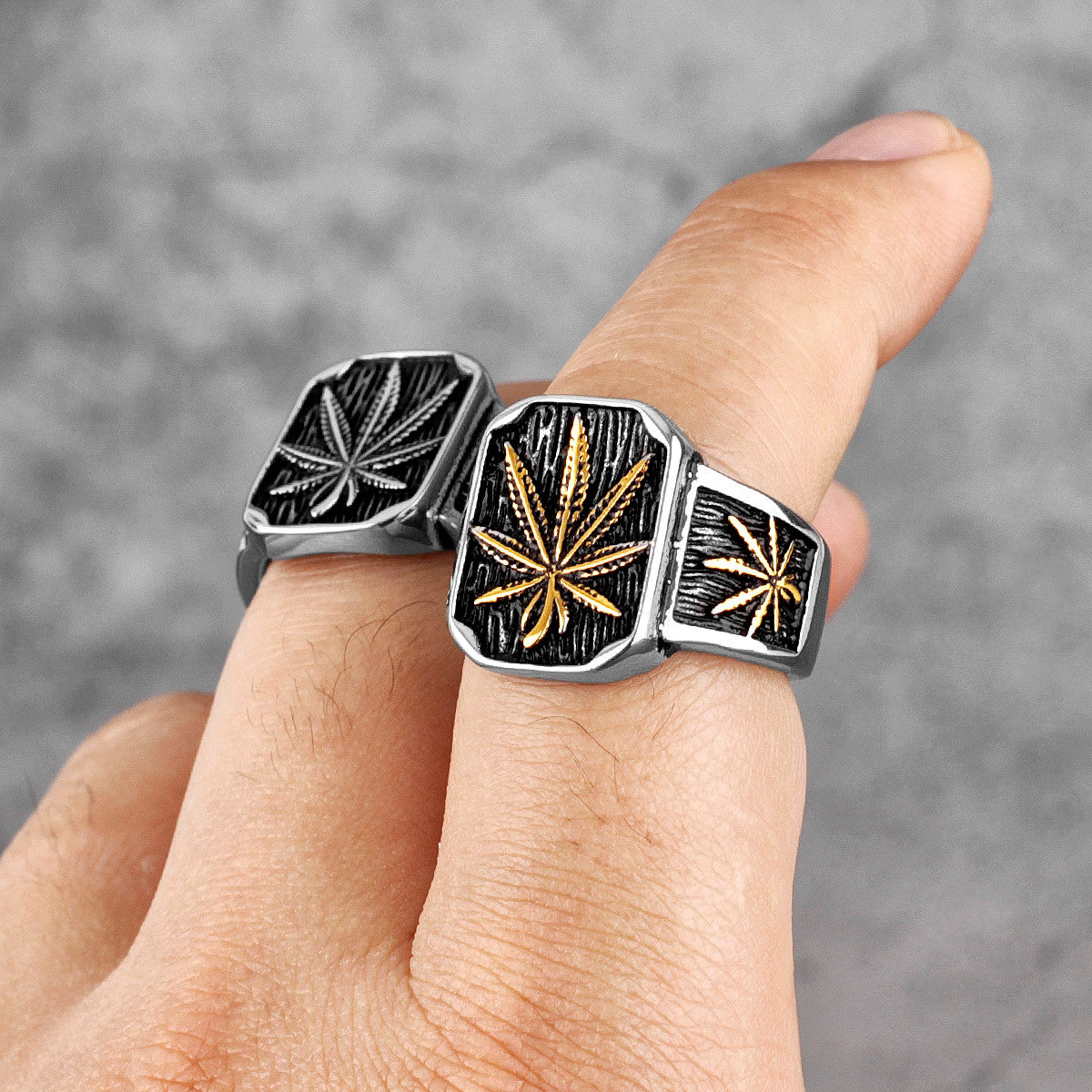 Mens 316L No Fade Stainless Steel Street Style Hemp Leaves Hip Hop Unique Rings