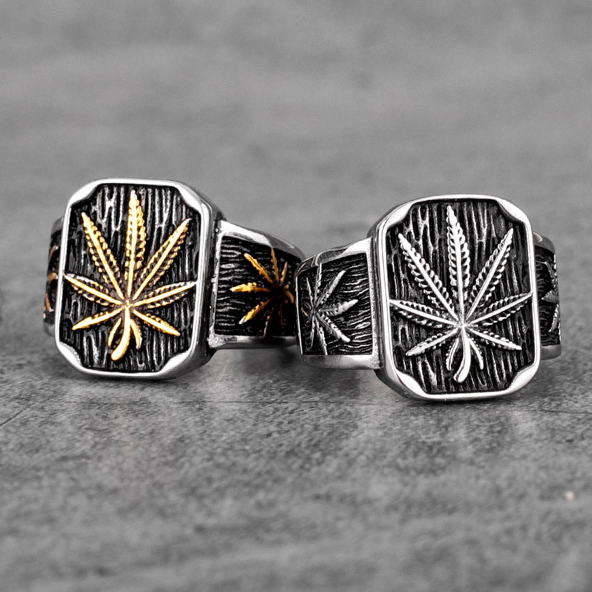 Mens 316L No Fade Stainless Steel Street Style Hemp Leaves Hip Hop Unique Rings