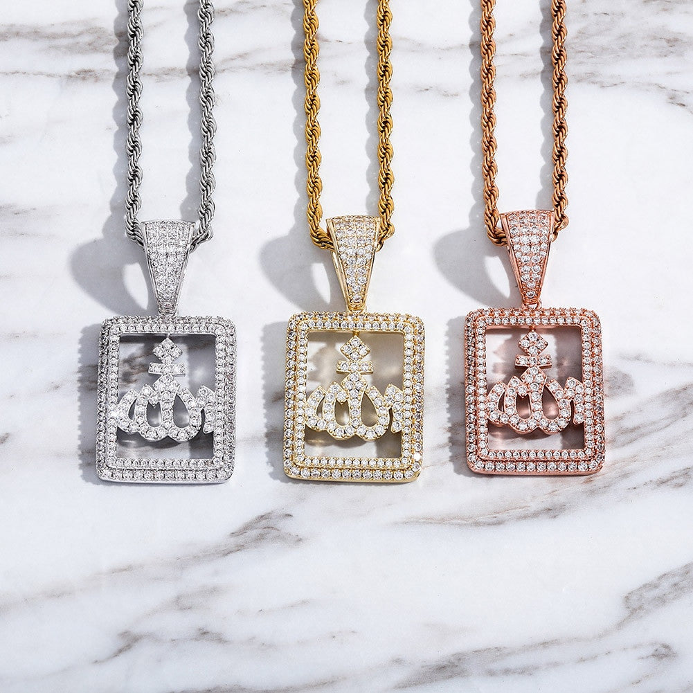 14K Rose Gold 925 Silver Flooded Ice Peace Love Allah Simulate Diamond Hip Hop Pendant