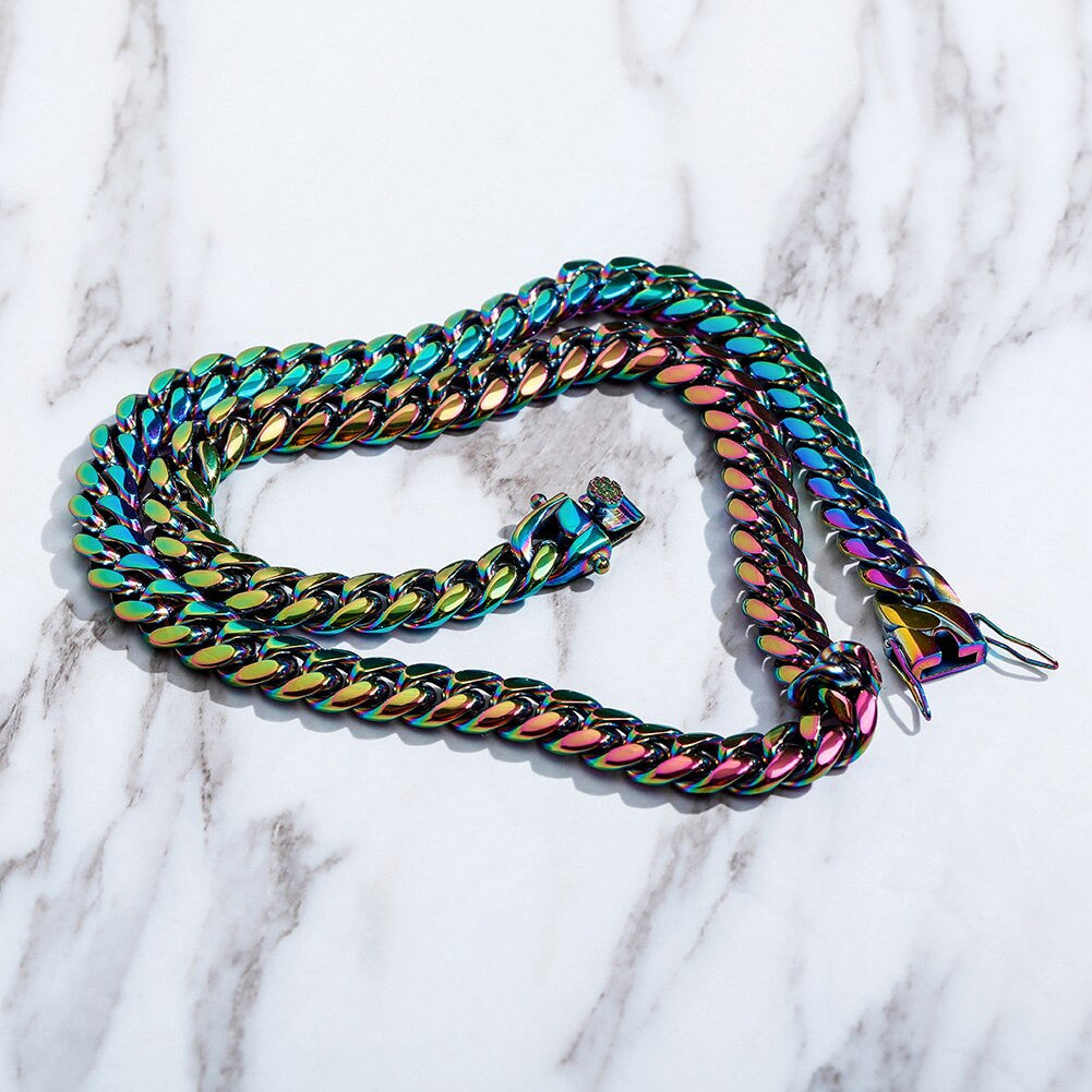 10mm Stainless Steel Fashion Rainbow Color Cuban Link Hip Hop Chain Necklace