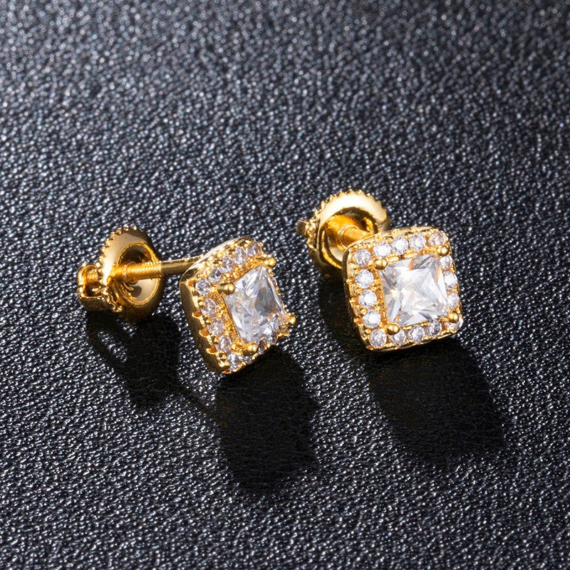 7mm Flooded Ice Square AAA Center Stone 14k Gold 925 Silver Earrings