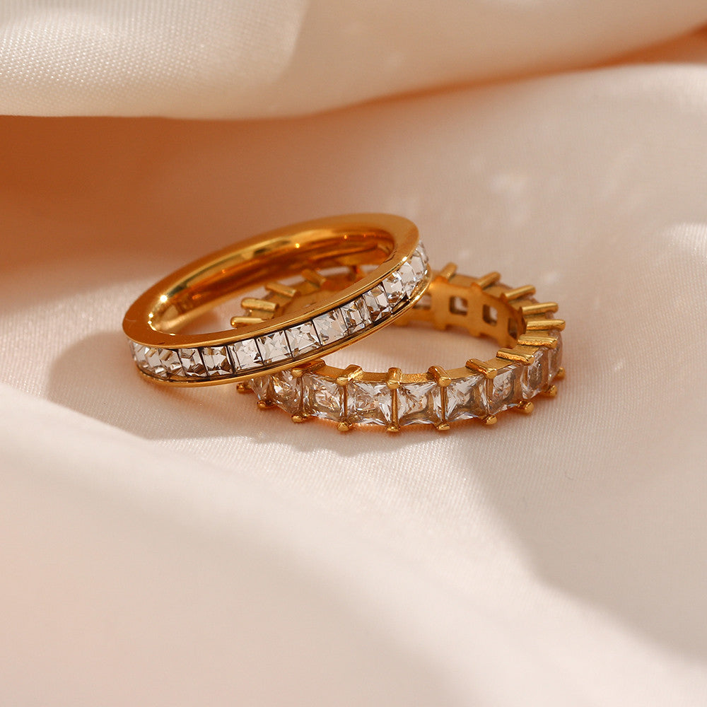 18k Gold 3A Clear CZ Paved Titanium Steel Waterproof Bling Bling Rings
