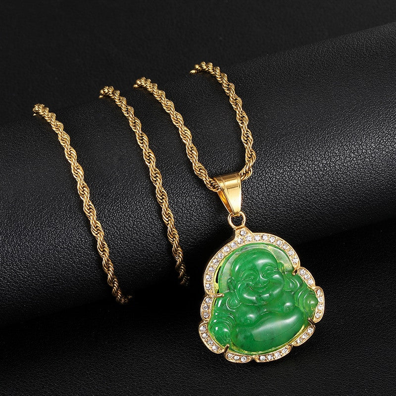 14k Gold over Titanium Steel Buddha Simulate Diamond Bling Pendant Chain Necklace