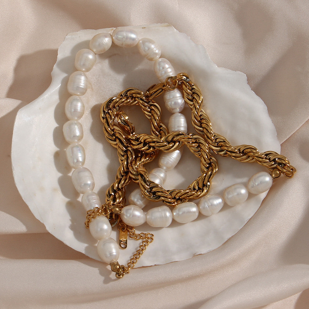 Ladies Bold Twisted Rope Chain Freshwater Pearl Chunky Necklace Bracelet Sets