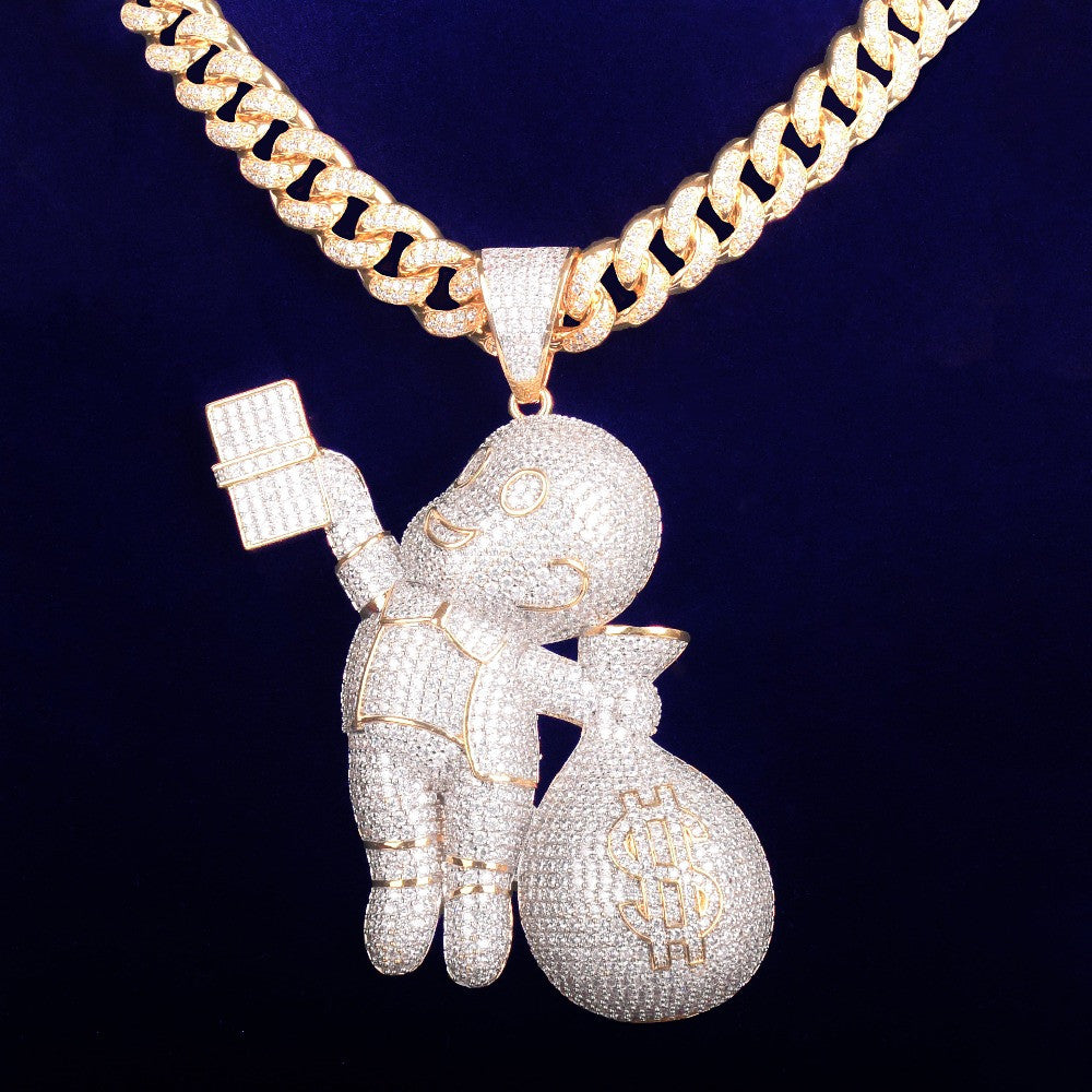 Baby Casper Money Bags AAA Micro Pave 18k Gold Hip Hop Pendant Chain Necklace