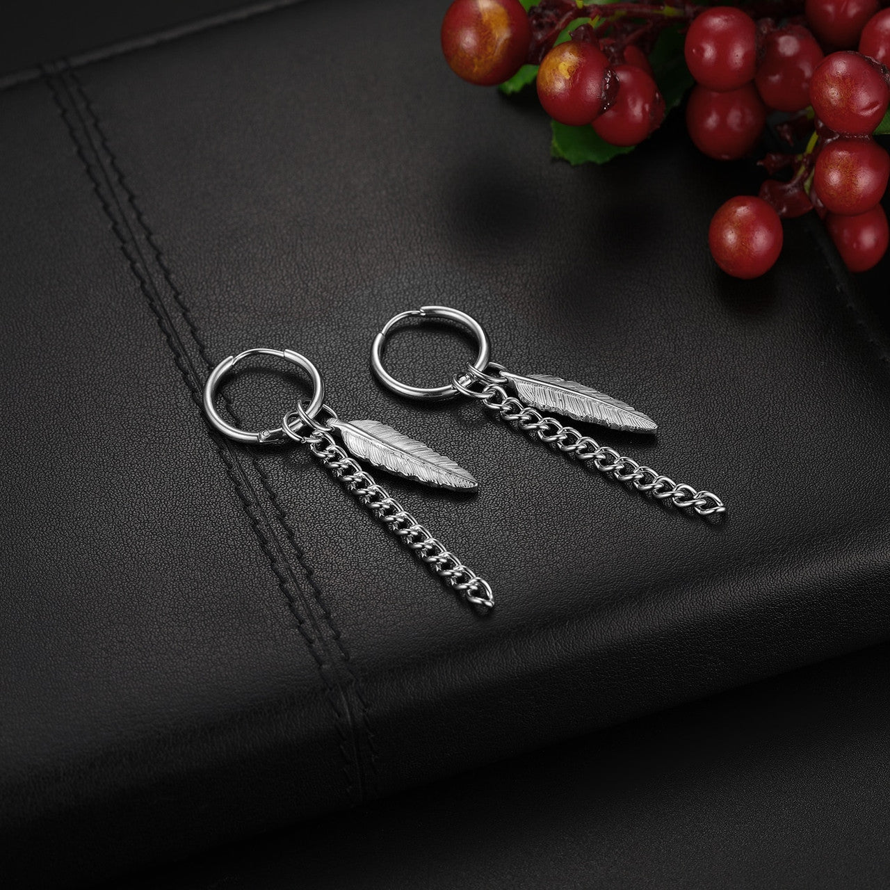 Black 14k Gold Silver over Stainless Steel Tribal Feather Leaf Earrings