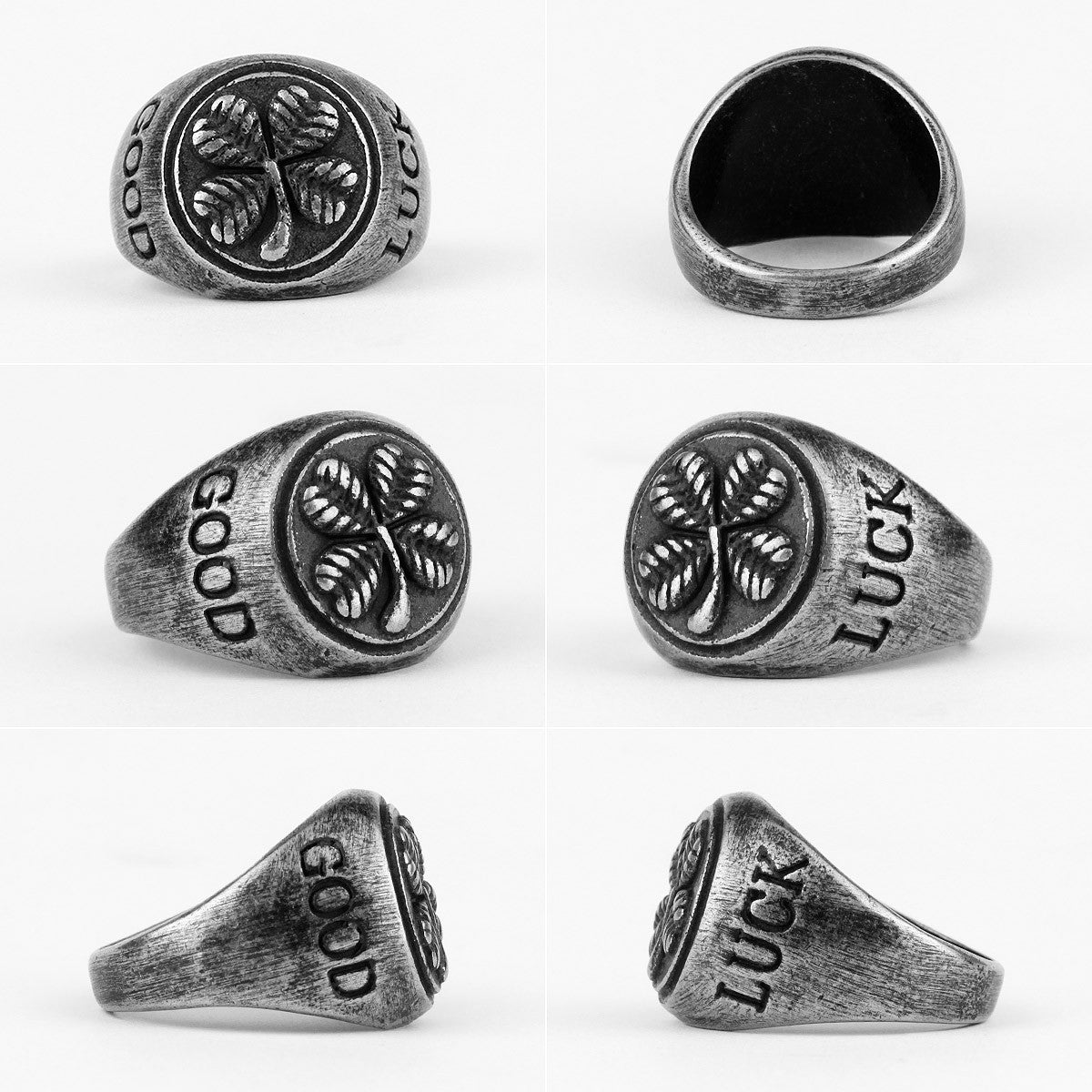 Good Luck | No Fade 316L Stainless Steel Retro Black Style Four Leaf Clover Men's Street Wear Rings