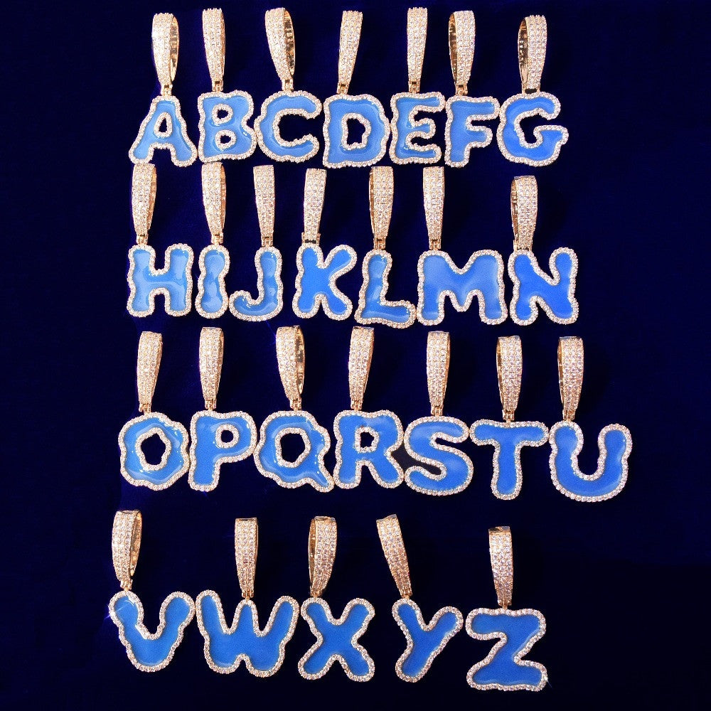 Carolina Blue | Micro Pave 18k Gold .925 Silver Oil Letters Custom Nameplate Pendant