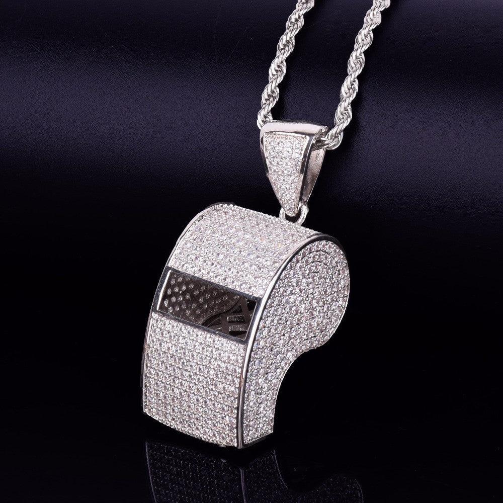 AAA Micro Pave Silver 18k Gold .925 Silver Flooded Ice Hip Hop Whistle Pendant Chain Necklace