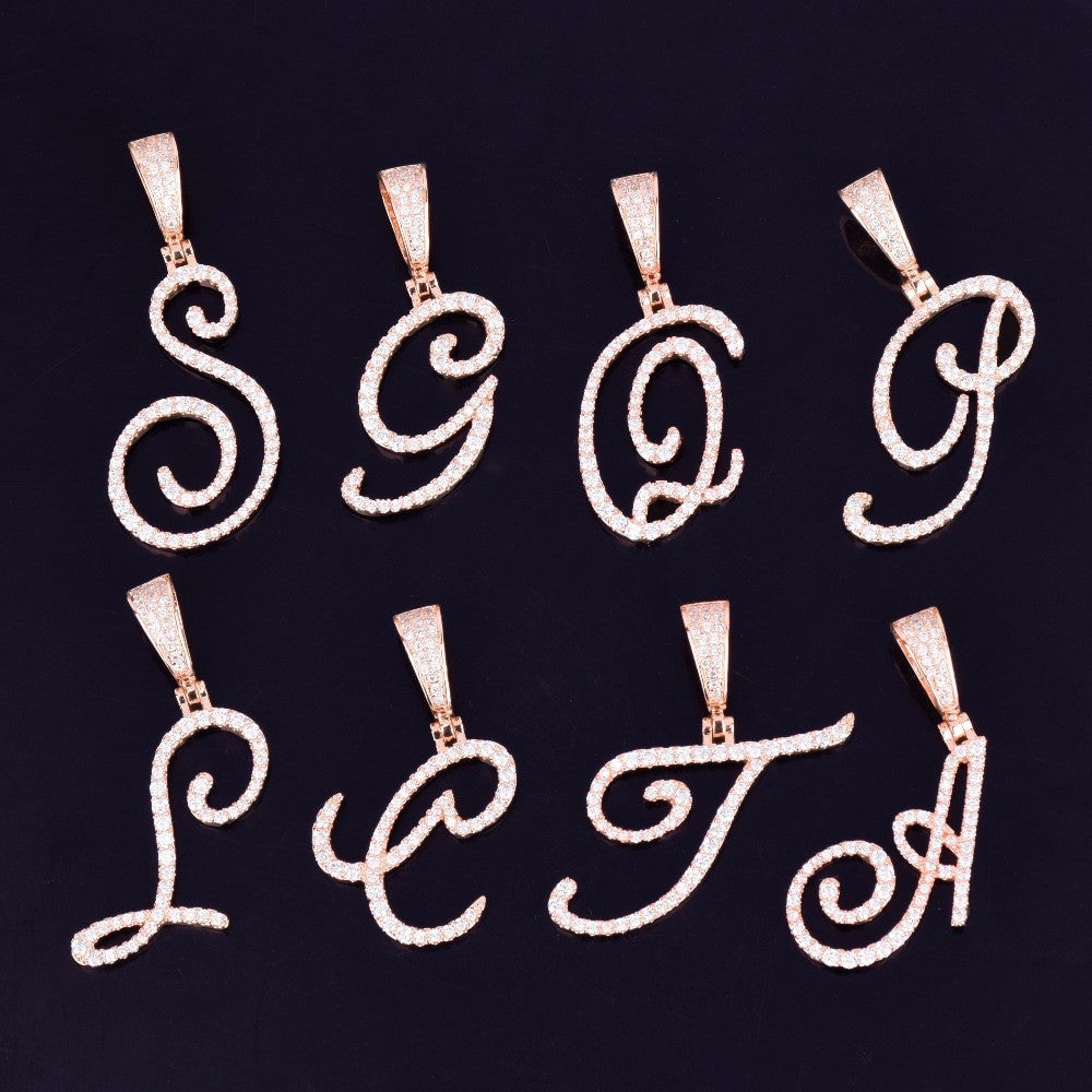 18k Gold Silver Rose Gold Cursive Letters Flooded Ice True Micro Pave Hip Hop Pendants