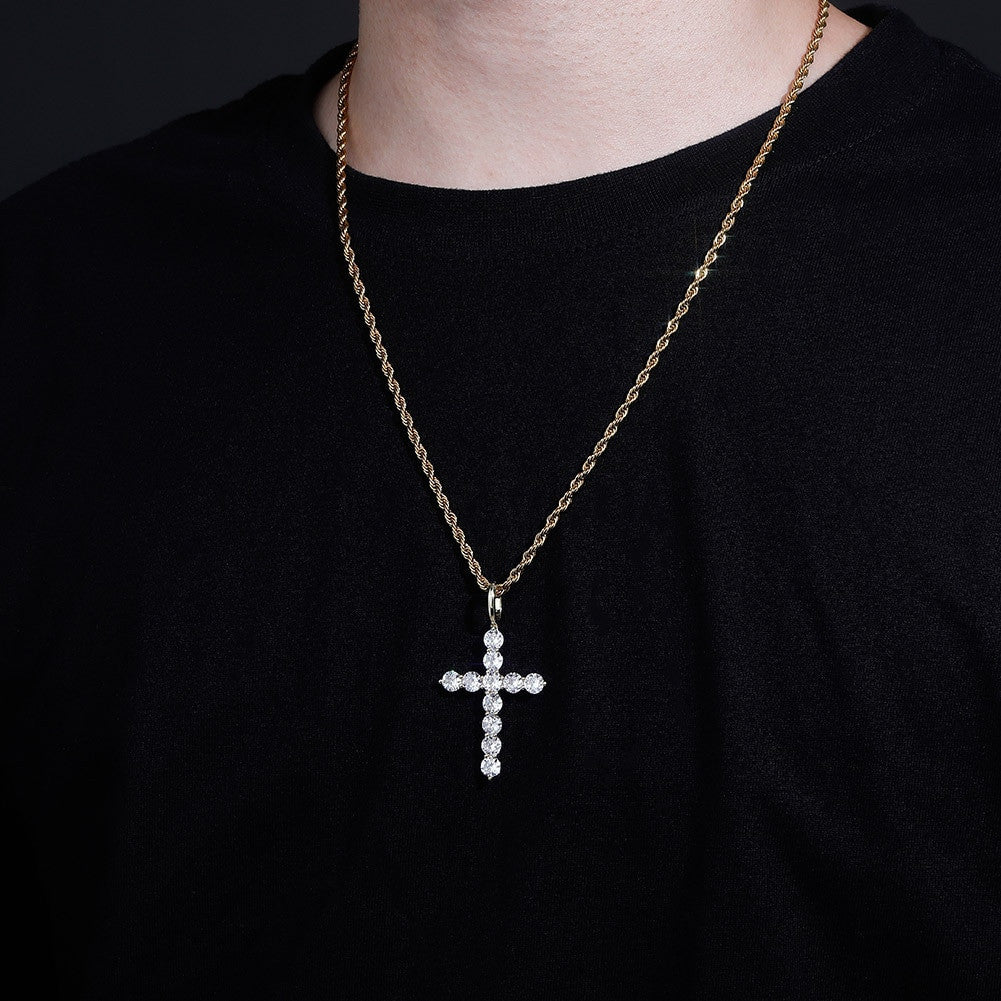 All Ice Top Fashion Hip Hop 14k Silver Rose Gold Cross Pendant Chain Necklace