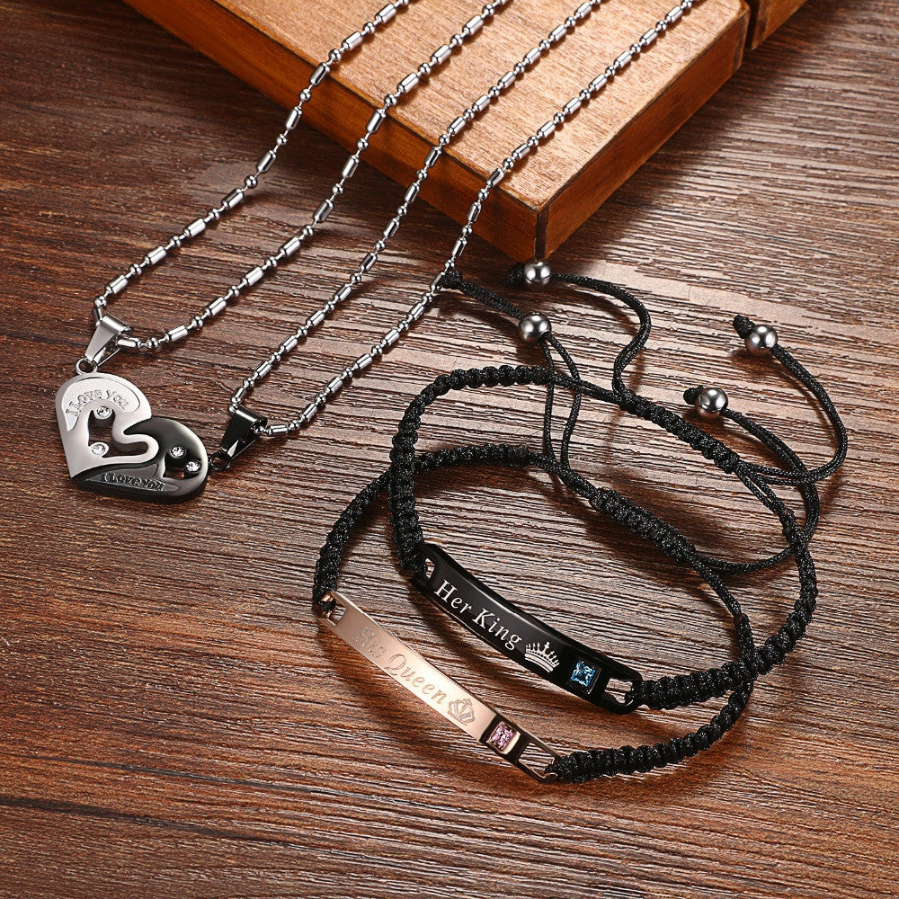 Lovers Couples His Queen Her King Stainless Steel CZ Crown Adjustable Bracelet Pendant Necklace