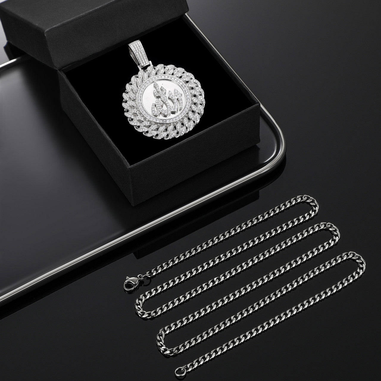 Mens Solid 925 Sterling Silver Allah Flooded Ice Hip Hop Pendant